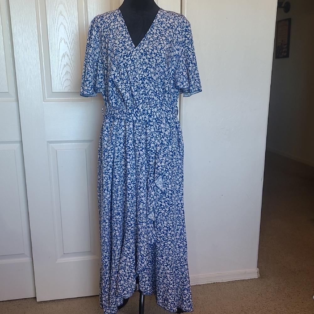 SHEIN Blue and White Ruffled Wrap Midi Dress